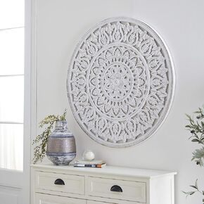 Deco 79 Wood Floral Handmade Home Wall Decor Intricately Carved Wall Sculpture with Mandala Design, Wall Art 36" x 1" x 36", White