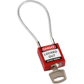 Brady 146120 Compact Cable Padlock, 5-Pin Cylinder, 4.2" Shackle Clearance, 1.31" Height, 1.25" Wide, 0.56" Length, Red