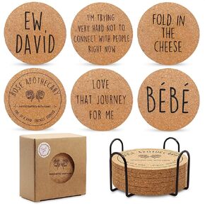 Cork Coasters for Drinks Coasters Set of 6 with Holder - Funny Coasters for Adults Cup Coasters for Coffee Table Home Bar Wedding Absorbent Coasters Mat - Cups Cool Decor Unique Coaster Gift