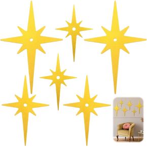 Yalikop 6 Pcs Midcentury Wooden Starburst Wall Hangings 8 Pointed Stars Starburst Wall Decor Retro Mid Century Modern Wall Decor for Home Accent Bedroom Bathroom Office Art (Gold)