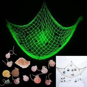 Glow in the Dark Fishing Net Decor,Luminosity Nautical Decor,12 Shells.Ocean Decor,Beach Room Decor,For Pirate Party Nautical Party Ocean Themed Party Fishing Themed Party Hawaiian Party.(39*59,White)