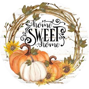 Round Metal Tin Sign Rustic Wall Decor Wall Plaque Home Sweet Home Wreath Sign, Fall Wreath Sign,Suitable for Home Garden Kitchen Bar Cafe Restaurant Garage Wall Decor Retro Vintage 12x12 Inch