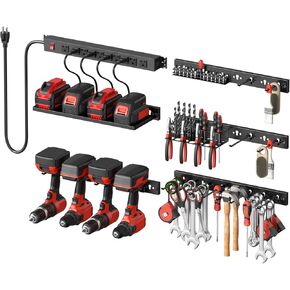CCCEI 5PCS Individual Pegboard Strip with Power Outlet. Garage All Metal Wall Mount Mini Black Peg Board Set, for Drill and Tools Battery Holder Kit, Cleaning Supplies Cabinet Organizer. Gift for Men