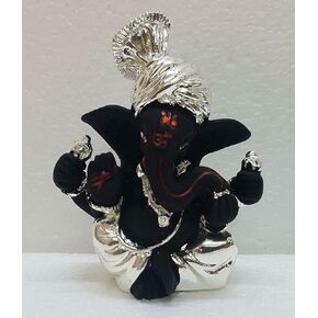 Pagdi Ganesh/Ganpati/Ganesha Silver Plated Terracotta Puja Idol Figurine Sculpture Hindu God of Success, Prosperity, Good Luck for Car Dashboard, Temple & Home Décor (Black)