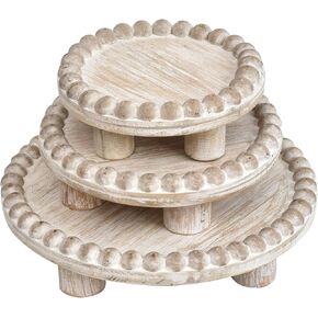Set of 3 Miniature Wooden Decorative Beaded Risers, Rustic Farmhouse-Styled Round Pedestal Stands for Tiered Tray Decorations, Ideal for Home and Kitchen