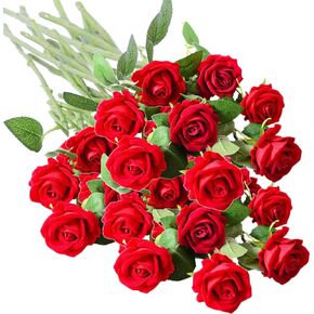 16PCS Artificial Silk Flowers Realistic Roses Bouquet Long Stem for Home Wedding Decoration Party (Red)