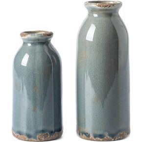 VICTOR & TERESA Small Vase Set for Home Decor, Rustic Blue Grey Ceramic Vases for Flowers, Farmhouse Vases for Pampas Grass, Table, Mantel, Living Room, Shelf, Centerpieces, Set of 2, Gifts for Mom