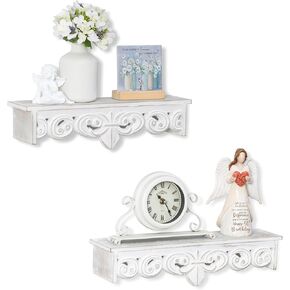 White Floating Shelves for Wall 24inch & 19inch Long - French Country Wall Decor Wood Distressed Mounted Shelf Vintage Hanging Shelving for Bathroom Bedroom 2 pcs