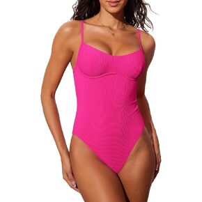 DOBREVA Women's One Piece Swimsuit Underwire Ribbed Bathing Suit V Neck Unlined Support Adjustable Straps Swimwear