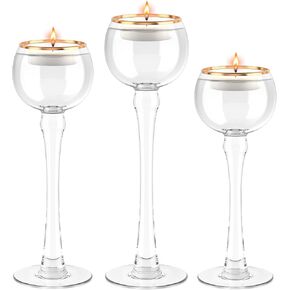 طقم حامل شموع تي لايت مكون من 3 | حاملات شموع نذرية من زجاج الإعصار شفافة بحافة ذهبية | 2 بوصة فتحة × 7 بوصة، 8 بوصة، 9 بوصة طول in Kuwait