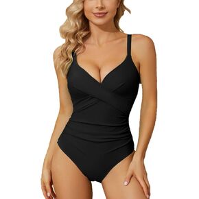 Women's One Piece V-Neck Swimsuit Tummy Control Swimsuits Retro Ruched Push Up Vintage Padded Swimwear