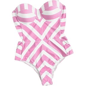 OYOANGLE Women's Striped Print Cut Out Strapless One Piece Swimsuit Push Up Bandeau Bathing Suit