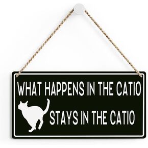 SENJIAN Rustic Cat Lovers Wood Decor Sign, What Happens in the Catio Stays in the Catio Printed Wood Sign Wall Art, Hanging Door Sign, Decorative Wood Sign Home Decor 12" x 6"
