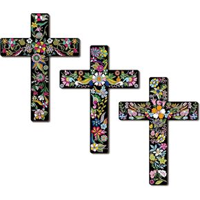 CAKIROTS 3 Pcs Floral Cross Wall Decor Mexican Wall Art Spanish Style Crucifix Wall Crosses for Home Decor Day of The Dead Decor 8.7 x 11.8 Inch
