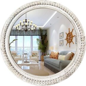 Rustic Round Wall Mirror, 24 Inch Wood Circle Mirror with Beads, Decorative Farmhouse Mirror for Living Room, Bedroom, Kitchen, Entryway (Natural)