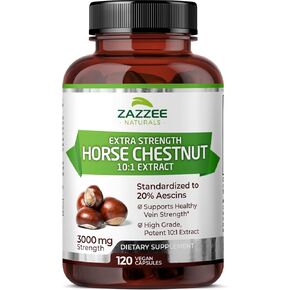 Zazzee Extra Strength Horse Chestnut 10:1 Extract, 3000 mg Strength, 20% Aescins, 4 Month Supply, 120 Vegan Capsules, Concentrated and Standardized 10X Extract, All-Natural, Non-GMO, Made in The USA