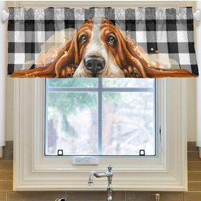 Black Buffalo Plaid Dog Window Valances for Kitchen Window Curtains Basset Hound Rod Pocket Valance Window Treatments Drapes Short Curtain Decorations 54" X 18"