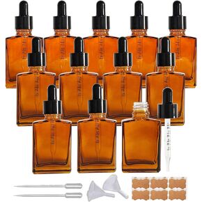 12 Pack 1 oz Amber Square Glass Dropper Bottle for Essential Oil, 30ml /1 oz Amber Coated Glass Bottle with Eye Droppers, for Perfume,Serums and Liquids (Amber)