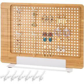 Wood Pegboard Display Stand For Vendors - Versatile Wooden Peg Board Organizer Natural Bamboo Finish with Metal Base & 6 Hooks