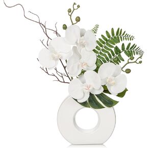 Briful Orchid Fake Flowers 16.1'' Blue Artificial Orchid Silk Flowers with Vase Faux Orchid Arrangement for Home Office Bathroom Desk Modern Decoration
