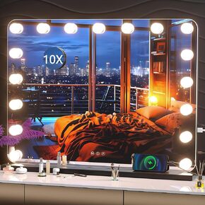Hasipu Vanity Mirror with Lights, 31.5" x 23.6" Hollywood Mirror, Makeup Mirror with 17 Dimmable Bulbs and 10X Magnification, 3 Colors Modes, Touch Control, USB Charging Port, Type-C, Black
