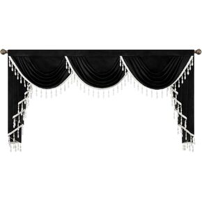 VOGOL Super Soft Velvet Valances, 1 Panel Vintage Style Light Filtering Waterfall Valance for Living Room, 39 Inch Wide Rod Pocket Privacy Drapes with Tassels for Hotel, Black
