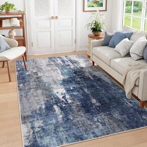 Uphome Washable Area Rug, 5x7 Modern Bedroom Rug, Soft Non-Slip Foldable Living Room Rug, Contemporary Aesthetic Low-Pile Indoor Rug for Kitchen Nursery Playroom, Gray/Blue