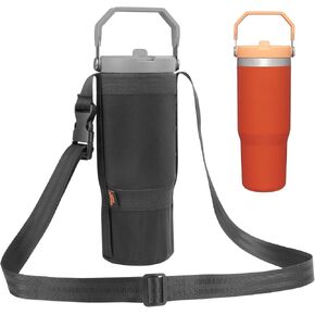 Desing Wish 30oz IceFlow Water Bottle Pouch for Stanley IceFlow Flip Straw Tumbler, Lycra Cloth Lightweight Foldable Water Bottle Holder with Strap for Walking, Hiking, Fitness, Travel - Black