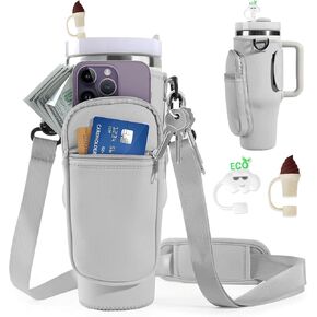 Water Bottle Carrier Bag with Phone Pocket for Stanley Cup 40/30oz, Adjustable Strap Tumblers Water Bottle Holder with Pouch and Straw Cover for Stanley Cup Accessories (Grey)