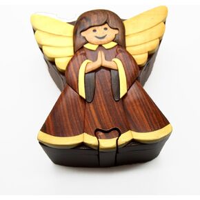 Angel Handmade Carved Wood Intarsia Puzzle Box