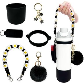 Water Bottle Accessories Set Compatible with Owala 24oz 32oz Including Water Bottle Handle Strap, Water Bottle Boot, Lipstick Bag, Pompom Ball, Daisy Key-chain, Compatible with Owala FreeSip.