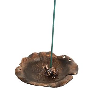 Red Copper Bronze Antique Style Lotus Flower Lily Pad Ash Catcher Incense Burner Holder Plate Zen Buddha Buddhist Meditation Decor w/Mini Lucky Frog & Green Tea Scented Incense Sticks Gift Set