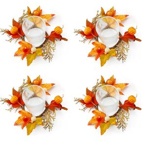 Decorative Tealight Candle Holder, Glass Votive Candle Holders Sets of 4 with Artificial Pumpkins Maple Leaves Wreath Ring for Thanksgiving and Halloween Table Fall Decor Centerpieces