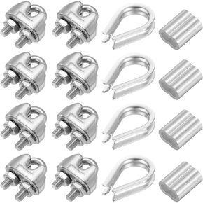 PATIKIL Wire Rope Accessory Set, 304 Stainless Steel 8 Pcs Cable Clip Clamp 4 Pcs Thimble 4 Pcs Aluminum Crimping Loop Sleeve for 2mm/1/8" Cable Rope