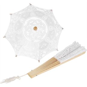 Lace Umbrella + Decorative Folding Fan - Bridal Wedding Parasols - with Wooden Handle - for Lady,Women - Party Decor - Dancing Photography Prop