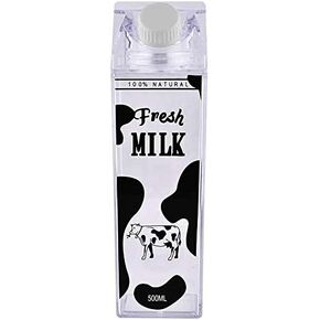 Milk Carton Water Bottle 17oz (500mL) Plastic Clear Square Milk Bottles No BPA Leakproof Water Bottle Portable Reusable Milk Carton Shaped Juice Bottle Perfect for Fitness Gym Sports