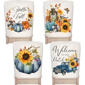 4Pcs Hello Fall Chair Covers Farmhouse Watercolor Blue Pumpkin Floral Seat Covers Washable Autumn Dinning Chair Slipcover Protector for Thanksgiving Home Kitchen Decor