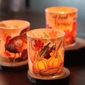 Thanksgiving Table Decoration, Fall Votive Candle Holders 4PCS, 3" Glass Candle Jars, SHMILMH Tealight Candle Holders for Thanksgiving Table Centerpieces, Fireplace, Mantel, Orange