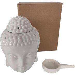 Ceramic Buddha Head Essential Oil Burner with Candle Spoon for Yoga Spa, Aromatherapy Wax Melt Burners Oil Diffuser Tealight Candle Holder for Bedroom Home Garden Decor (White)