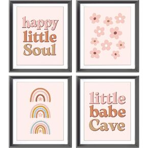 AEHIE Little Babe Cave Happy Little Soul Boho Nursery Poster Prints for Kids Baby Girls Room Playroom Nursery Decor,Bohemia Rainbow Flowers Decorations Prints Wall Art Unframed 4pcs 8x10 Inches