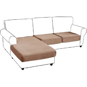 Velvet Sectional Couch Covers 4 Pieces Velvet Sofa Seat Stretch Durable Cushion Covers L Shape Separate Sofa Couch Covers for Both Left/Right Sectional Couch(Sofa 3 Seater + 1 Chaise, White)