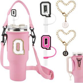 Initial Water Bottle Carrier for Stanley 40 oz Tumbler,Personalized Stanley Cup Holder with Strap,Water Bottle Holder with 2pcs Stanley Cup Accessories Straw Topper Cover and Letter Charm(Creams)
