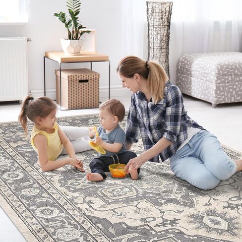 Machine Washable Rug 4' x 6' Vintage Design Washable Area Rugs with Non Slip Rugs for Living Room Bedroom Traditional Woven Rug Carpet Stain Resistant Dining Home Office Boho Rug in Saudi Arabia