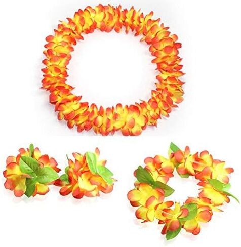 Hawaiian Flower Leis Jumbo Necklace Bracelets Headband Set,Hawaiian Leis Set Hawaii Wreath Lei Party Favors for Hawaiian Luau Party Decoration Supplies (Orange, set of 4) in Saudi Arabia