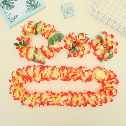 Hawaiian Flower Leis Jumbo Necklace Bracelets Headband Set,Hawaiian Leis Set Hawaii Wreath Lei Party Favors for Hawaiian Luau Party Decoration Supplies (Orange, set of 4) in Saudi Arabia