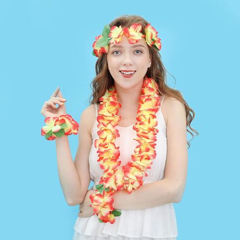 Hawaiian Flower Leis Jumbo Necklace Bracelets Headband Set,Hawaiian Leis Set Hawaii Wreath Lei Party Favors for Hawaiian Luau Party Decoration Supplies (Orange, set of 4) in Saudi Arabia