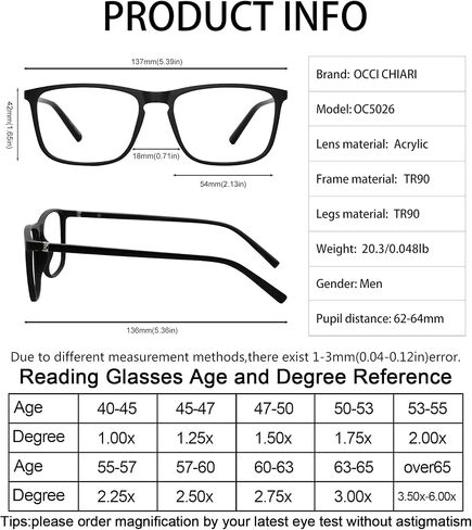 OCCI CHIARI Men’s Blue Light Blocking Reading Glasses Computer Readers (1.0 1.5 2.0 2.5 3.0 3.5 4.0 5.0 6.0) in Saudi Arabia