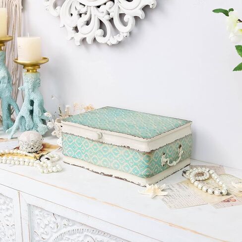 NIKKY HOME Large Wooden Keepsake Box with Hinged Lid, Hand-Painted Vintage Decorative Memory Storage Stash Box Christmas Gift, 13 x 9.1 x 4.9 Inches, Pale Blue and Ivory in Saudi Arabia