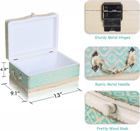 NIKKY HOME Large Wooden Keepsake Box with Hinged Lid, Hand-Painted Vintage Decorative Memory Storage Stash Box Christmas Gift, 13 x 9.1 x 4.9 Inches, Pale Blue and Ivory in Saudi Arabia