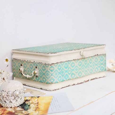 NIKKY HOME Large Wooden Keepsake Box with Hinged Lid, Hand-Painted Vintage Decorative Memory Storage Stash Box Christmas Gift, 13 x 9.1 x 4.9 Inches, Pale Blue and Ivory in Saudi Arabia